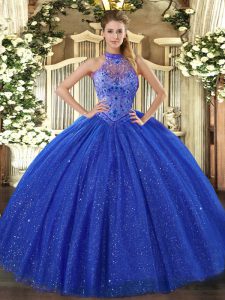  Floor Length Lace Up Quinceanera Gown Royal Blue for Sweet 16 and Quinceanera with Beading and Embroidery