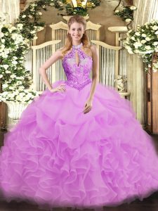  Lilac Sleeveless Floor Length Beading Lace Up Vestidos de Quinceanera