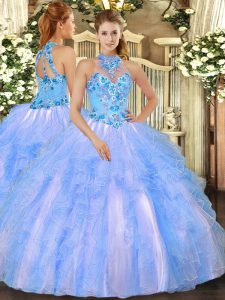 Discount Baby Blue Sleeveless Embroidery and Ruffles Floor Length Sweet 16 Quinceanera Dress