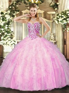  Rose Pink Lace Up Sweetheart Beading and Ruffles Quinceanera Dress Tulle Sleeveless