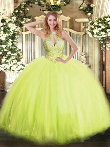  Yellow Green Sleeveless Floor Length Beading Lace Up Quinceanera Gowns