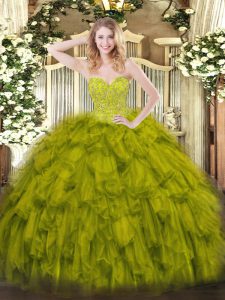  Floor Length Olive Green Quinceanera Dress Organza Sleeveless Beading and Ruffles