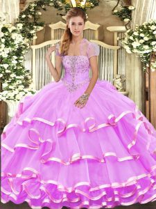 Fine Lilac Organza Lace Up Strapless Sleeveless Floor Length Quinceanera Dresses Appliques and Ruffled Layers