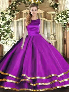New Arrival Eggplant Purple Scoop Lace Up Ruffled Layers Ball Gown Prom Dress Sleeveless