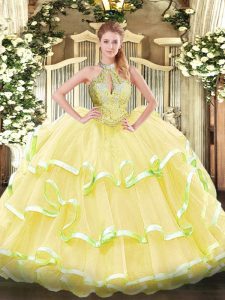 Stunning Sleeveless Organza Floor Length Lace Up Ball Gown Prom Dress in Yellow with Beading and Ruffled Layers