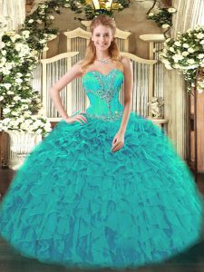 Glamorous Teal Organza Lace Up Sweetheart Sleeveless Sweet 16 Quinceanera Dress Beading and Ruffles