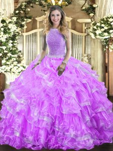  Lavender Ball Gowns High-neck Sleeveless Organza Floor Length Lace Up Beading and Ruffled Layers Sweet 16 Dresses
