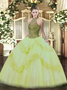 Sweet Light Yellow Ball Gowns Halter Top Sleeveless Tulle Floor Length Lace Up Beading and Appliques Sweet 16 Dress