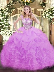  Organza Scoop Sleeveless Lace Up Beading and Ruffles and Pick Ups Sweet 16 Quinceanera Dress in Lilac