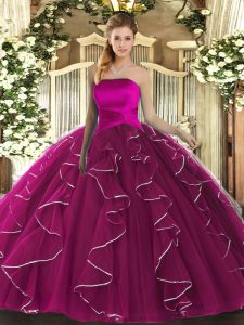  Fuchsia Strapless Lace Up Ruffles Quinceanera Gown Sleeveless