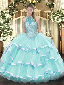 Apple Green Organza Lace Up Halter Top Sleeveless Floor Length Sweet 16 Quinceanera Dress Beading and Ruffled Layers