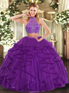 Beautiful Halter Top Sleeveless Sweet 16 Dress Floor Length Beading and Ruffled Layers Purple Tulle