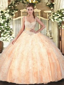  Sleeveless Tulle Floor Length Lace Up Quince Ball Gowns in Peach with Beading and Ruffles
