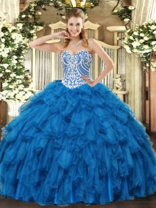 Stunning Beading and Ruffles Quince Ball Gowns Blue Lace Up Sleeveless Floor Length