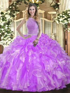Flirting Sleeveless Lace Up Floor Length Beading and Ruffles 15th Birthday Dress