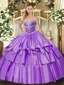 Affordable Lavender Ball Gowns Sweetheart Sleeveless Organza and Taffeta Floor Length Lace Up Beading and Ruffled Layers Quince Ball Gowns