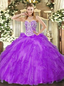 Dazzling Lavender Ball Gowns Tulle Sweetheart Sleeveless Beading and Ruffles Floor Length Lace Up Ball Gown Prom Dress