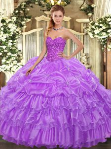 Designer Lavender Lace Up Quince Ball Gowns Beading and Ruffled Layers and Pick Ups Sleeveless Floor Length