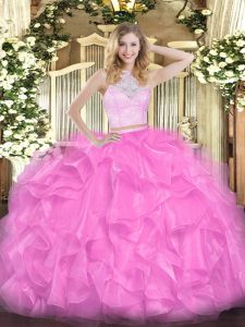 Fitting Rose Pink Zipper Sweet 16 Dress Lace and Ruffles Sleeveless Floor Length