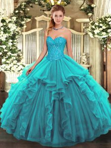 Flare Teal Sleeveless Floor Length Beading and Ruffles Lace Up Quinceanera Dresses