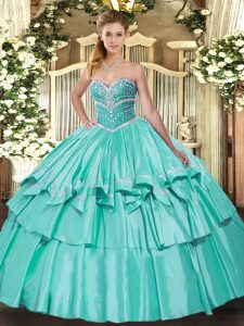  Apple Green Sweetheart Neckline Beading and Ruffled Layers Quince Ball Gowns Sleeveless Lace Up
