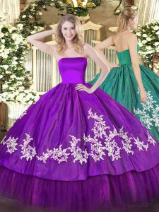 Elegant Purple Organza and Taffeta Zipper Strapless Sleeveless Floor Length Quince Ball Gowns Embroidery