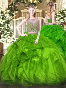  Organza Scoop Sleeveless Lace Up Beading and Ruffles 15 Quinceanera Dress in Green