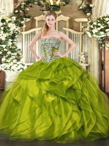  Olive Green Sleeveless Floor Length Beading and Ruffled Layers Lace Up 15th Birthday Dress
