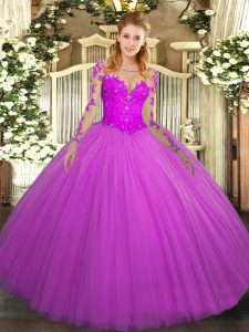 Luxury Floor Length Lace Up Quinceanera Dresses Fuchsia for Military Ball and Sweet 16 and Quinceanera with Lace