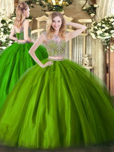 Adorable Floor Length Lace Up Quinceanera Dress Olive Green for Military Ball and Sweet 16 and Quinceanera with Beading
