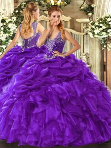  Purple Lace Up Straps Beading and Ruffles and Pick Ups Sweet 16 Dress Organza Sleeveless