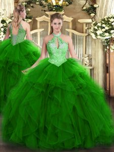 Dramatic Green Ball Gowns Ruffles and Sequins Quinceanera Dress Lace Up Organza Sleeveless Floor Length