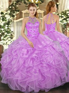  Floor Length Lace Up 15th Birthday Dress Lilac for Military Ball and Sweet 16 and Quinceanera with Beading and Ruffles