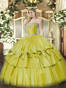  Sleeveless Organza and Taffeta Floor Length Lace Up Sweet 16 Dress in Yellow with Beading and Ruffled Layers