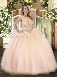Flare Peach Ball Gowns Scoop Sleeveless Organza Floor Length Zipper Beading Vestidos de Quinceanera