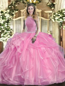 Romantic Rose Pink Sleeveless Organza Lace Up Quinceanera Gowns for Military Ball and Sweet 16 and Quinceanera