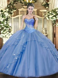 Excellent Aqua Blue Ball Gowns Sweetheart Sleeveless Tulle Floor Length Lace Up Beading and Ruffles Quinceanera Gowns