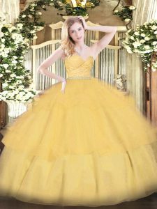 Fantastic Gold Sweetheart Zipper Beading and Lace and Ruffled Layers Ball Gown Prom Dress Sleeveless