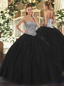 Pretty Black Sleeveless Floor Length Beading Lace Up Quinceanera Dress