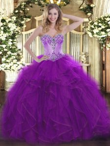  Ball Gowns Quinceanera Gowns Eggplant Purple Sweetheart Organza Sleeveless Floor Length Lace Up