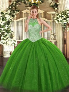  Halter Top Sleeveless Tulle Ball Gown Prom Dress Beading Lace Up