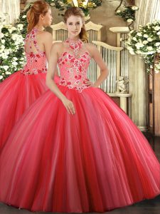  Floor Length Coral Red Sweet 16 Quinceanera Dress Halter Top Sleeveless Lace Up