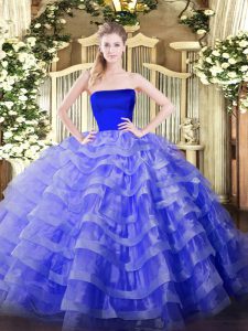 Romantic Floor Length Zipper Quince Ball Gowns Blue for Military Ball and Sweet 16 and Quinceanera with Ruffled Layers