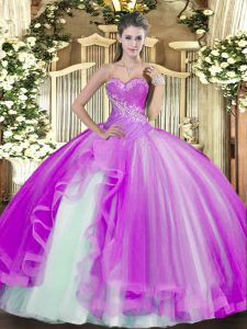 Exceptional Tulle Sweetheart Sleeveless Lace Up Beading and Ruffles 15 Quinceanera Dress in Lilac