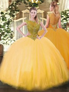 Pretty Gold Sleeveless Beading Floor Length Sweet 16 Quinceanera Dress