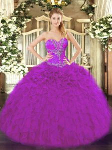 High Quality Ball Gowns Quince Ball Gowns Fuchsia Sweetheart Organza Sleeveless Floor Length Lace Up