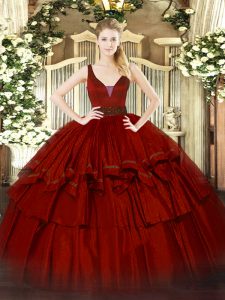  Wine Red Ball Gowns Organza Straps Sleeveless Beading and Ruffled Layers Floor Length Zipper Vestidos de Quinceanera