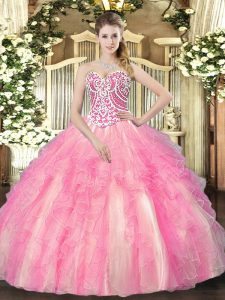 Tulle Sweetheart Sleeveless Lace Up Beading and Ruffles Quince Ball Gowns in Rose Pink 