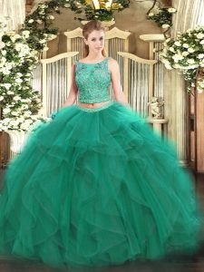  Turquoise Two Pieces Beading and Ruffles Ball Gown Prom Dress Lace Up Tulle Sleeveless Floor Length