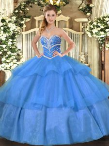 Captivating Floor Length Blue Quince Ball Gowns Tulle Sleeveless Beading and Ruffled Layers